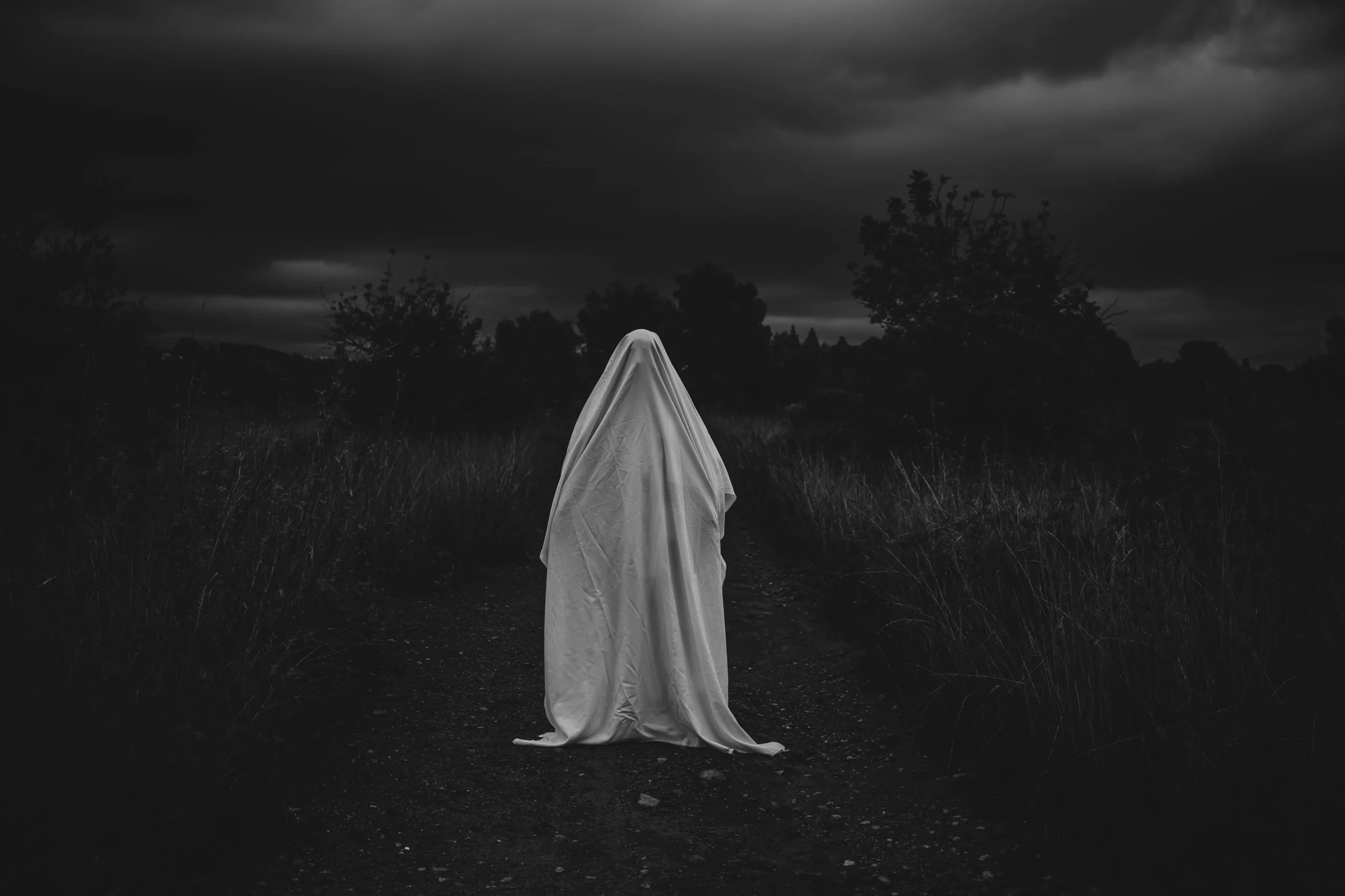 Person in a bedsheet representing a ghosting candidate in a field